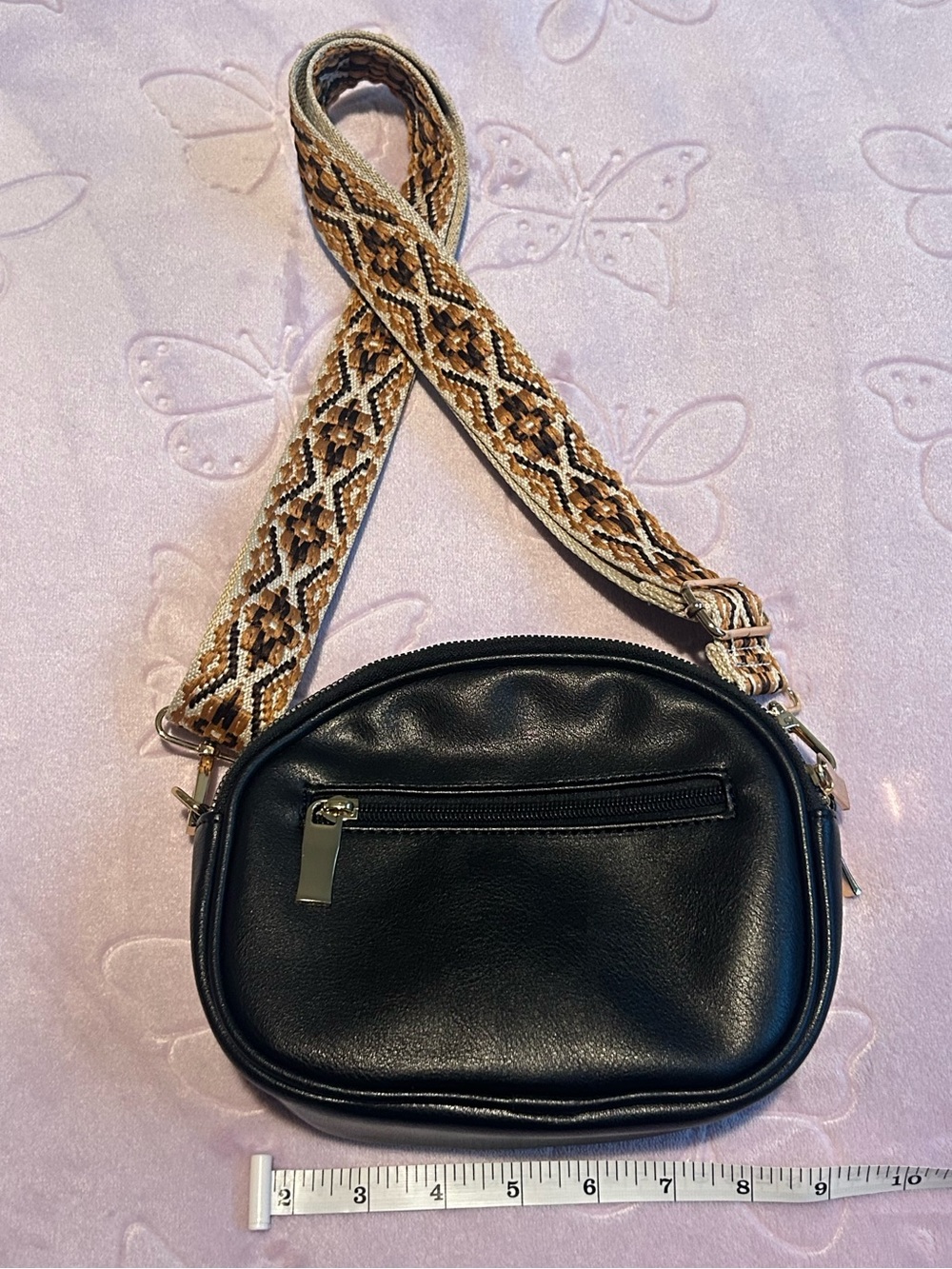 Black Crossbody Bag with Cream Woven Strap